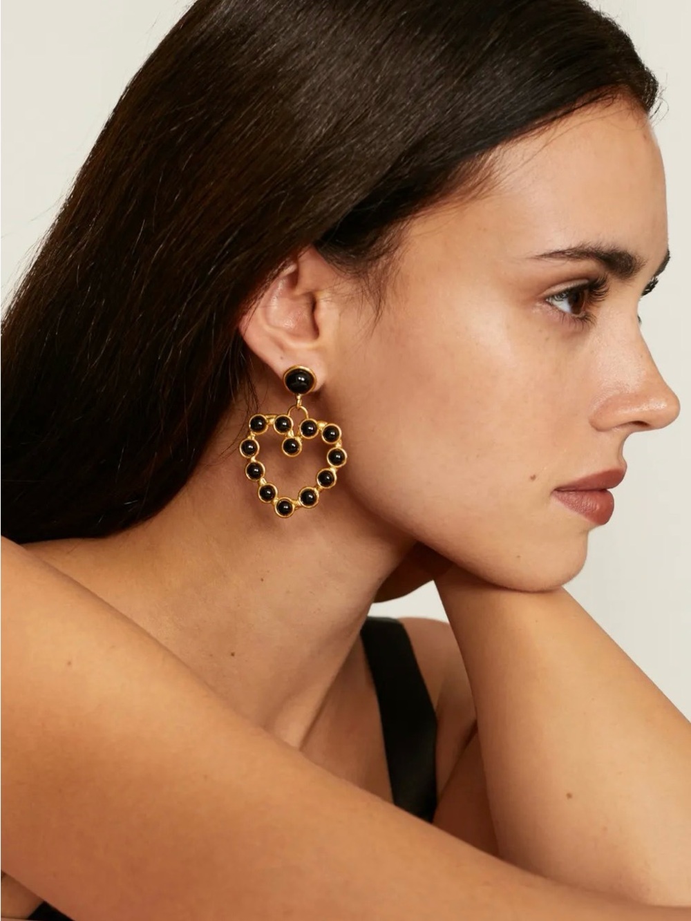 Sylvia Toledano Love 22 K Gold plated Onyx Drop Heart Earrings NWT